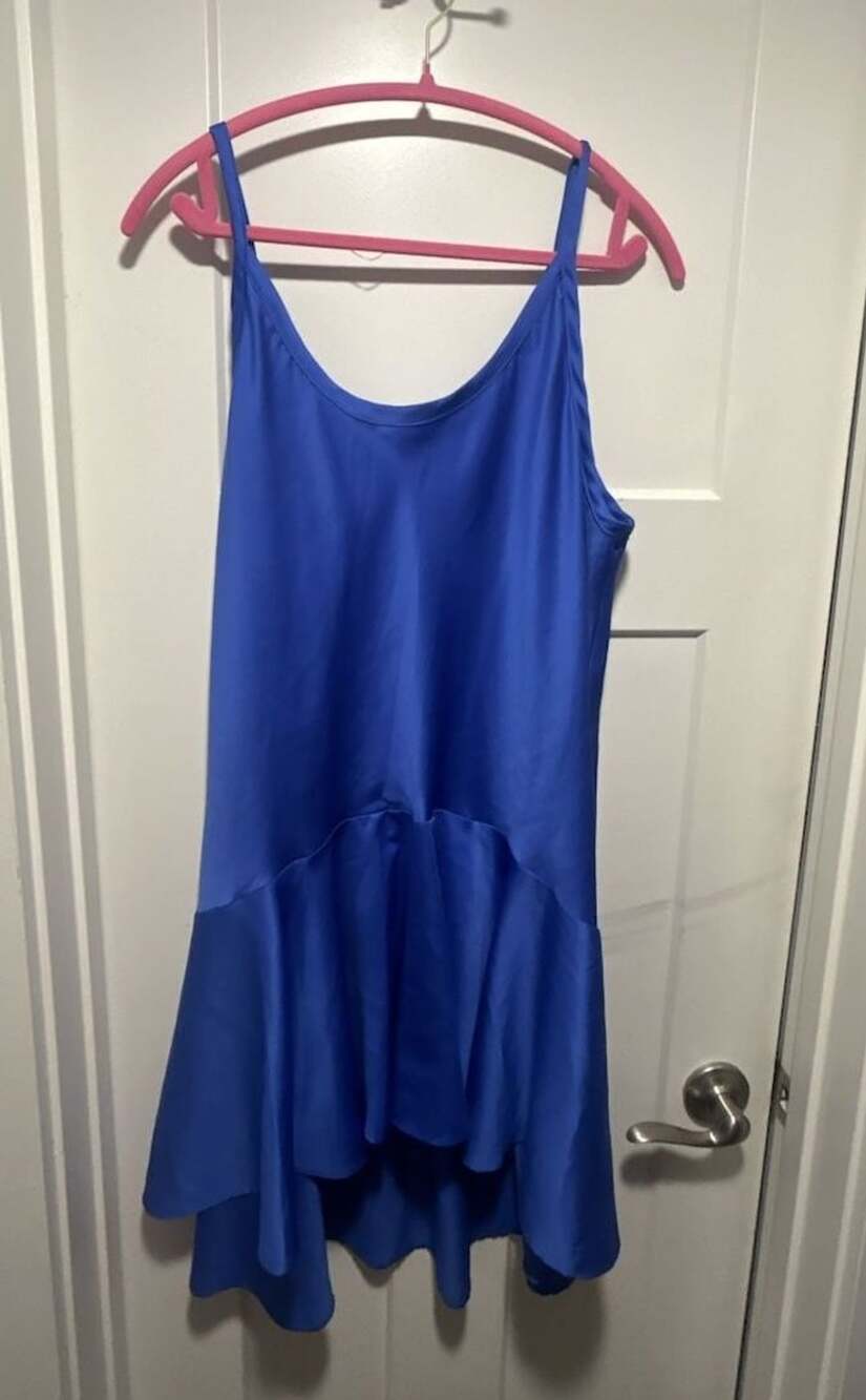 Cinema Etoile Dress Size Large Blue Satin Spaghetti Strap Asymmetric